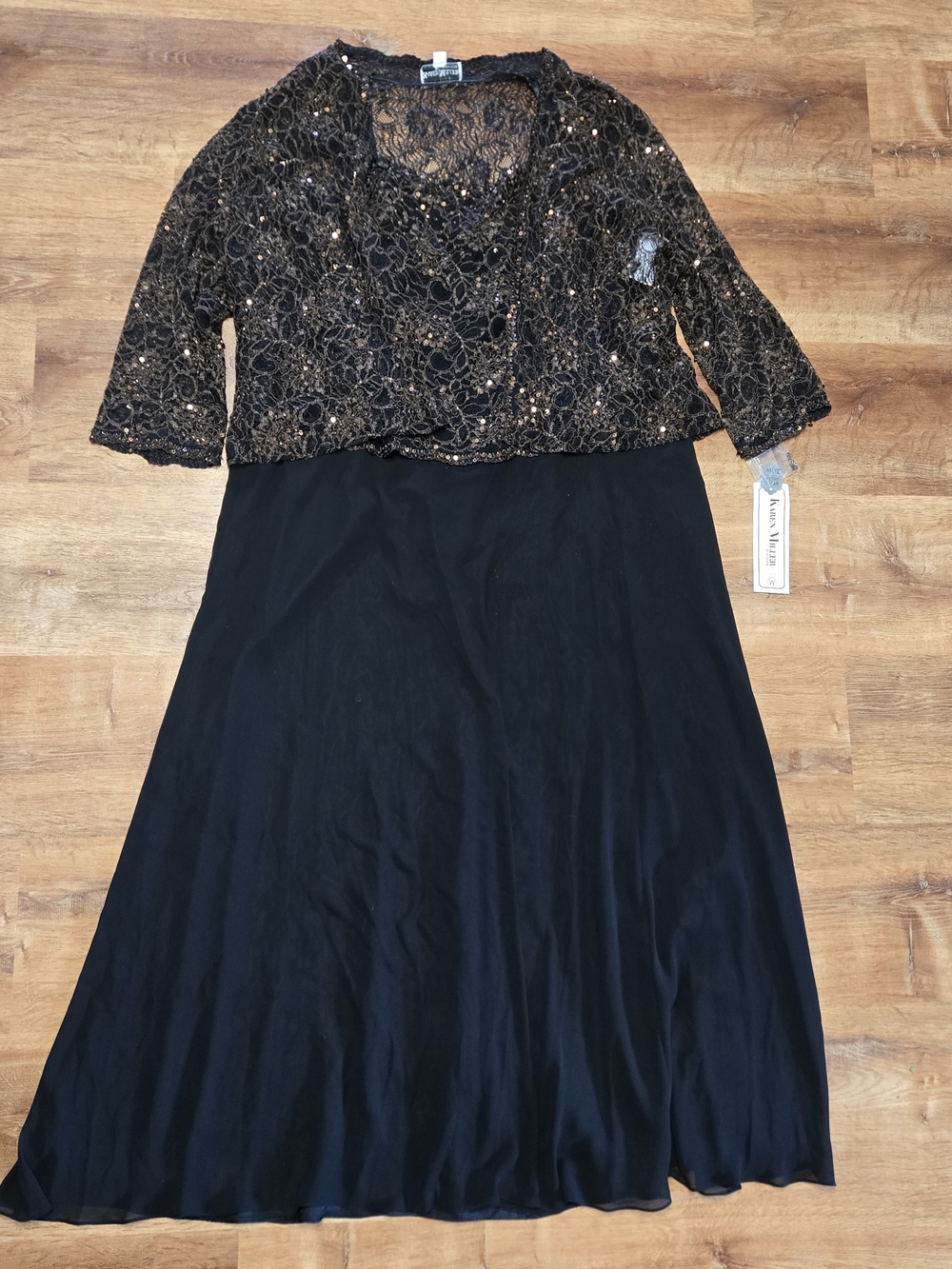 NWT! Karen Miller 2pc Black Dress Gold Sequin Lace Bodice Mother  Bride Groom 24